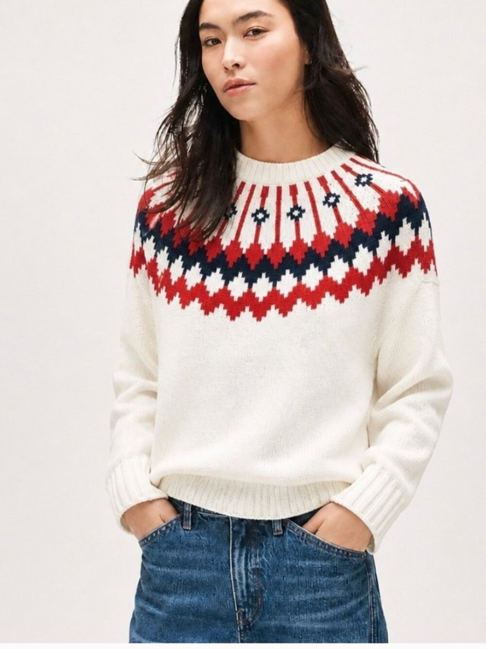 J.Crew Fair Isle Geometric Yoke White Cotton Crewneck Pullover Sweater XS